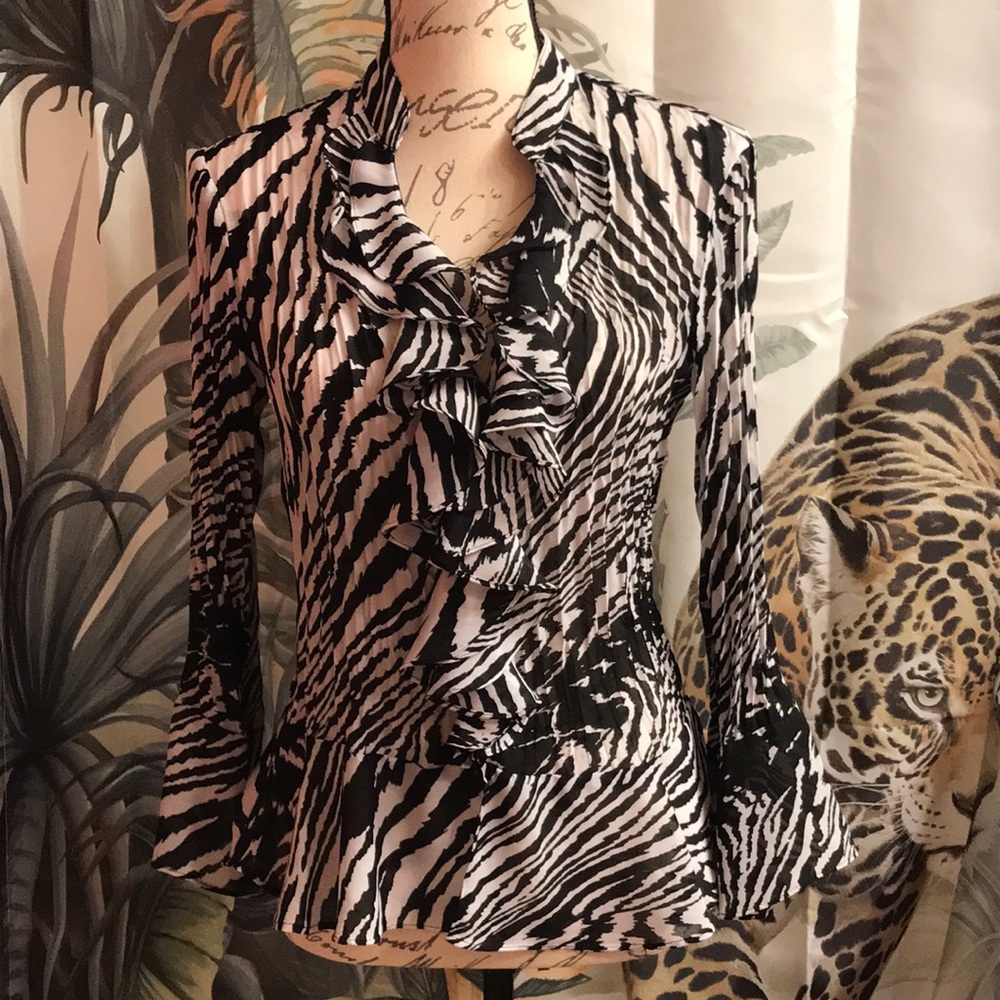 VINTAGE ALLISON TAYLOR RUFFLE BUTTON FRONT ZEBRA PRINT BLOUSE SIZE SMALL